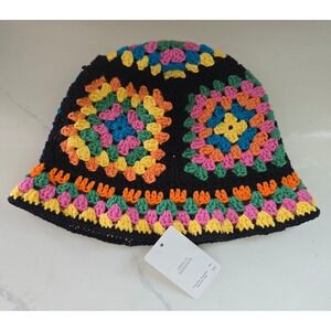 Locally Handmade Crochet Granny Square Bucket Hat Black Multi Color Boho Retro